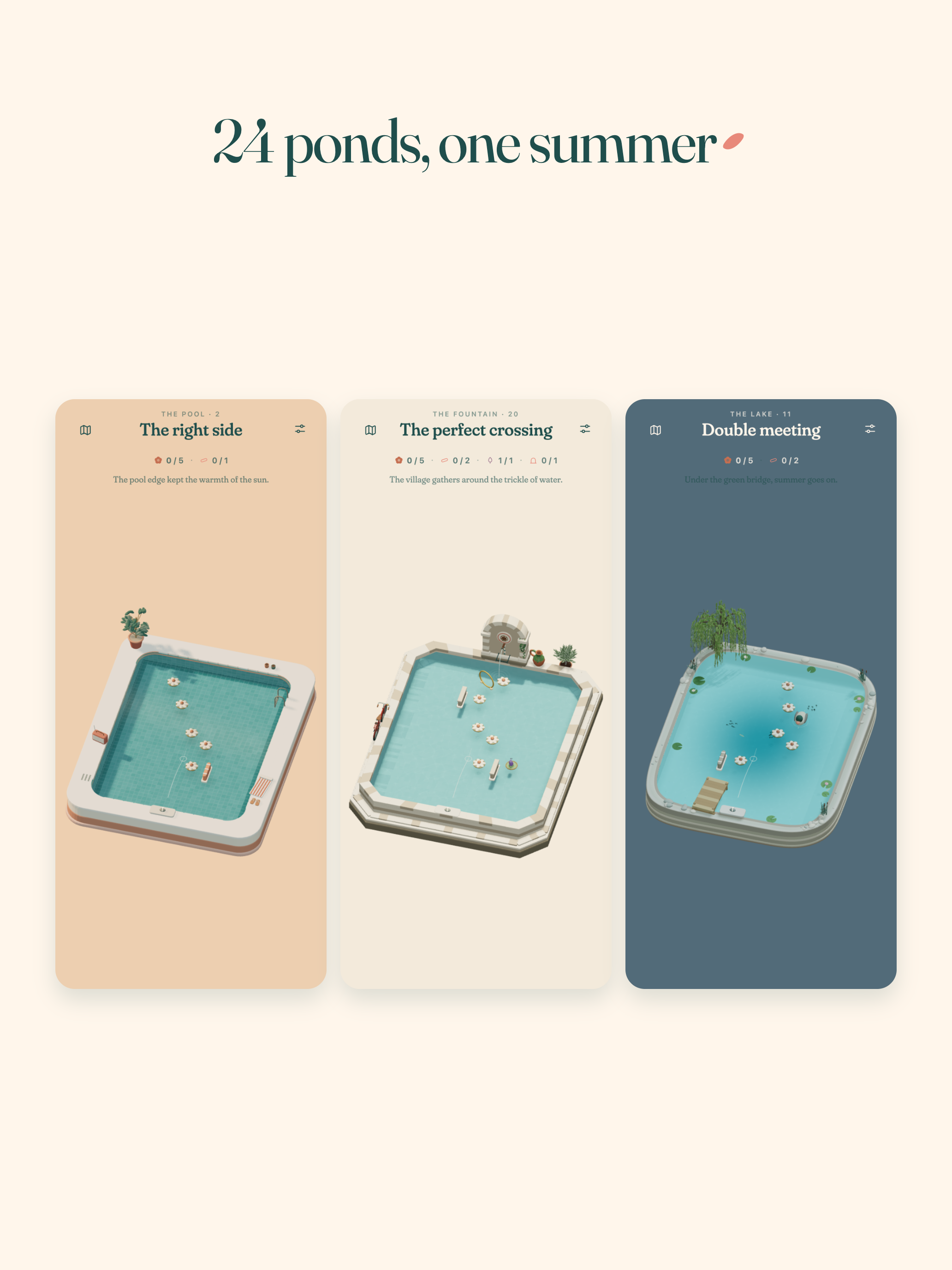 Where Pebbles Bloom on iPad, showing a pool, a fountain, and a lake level