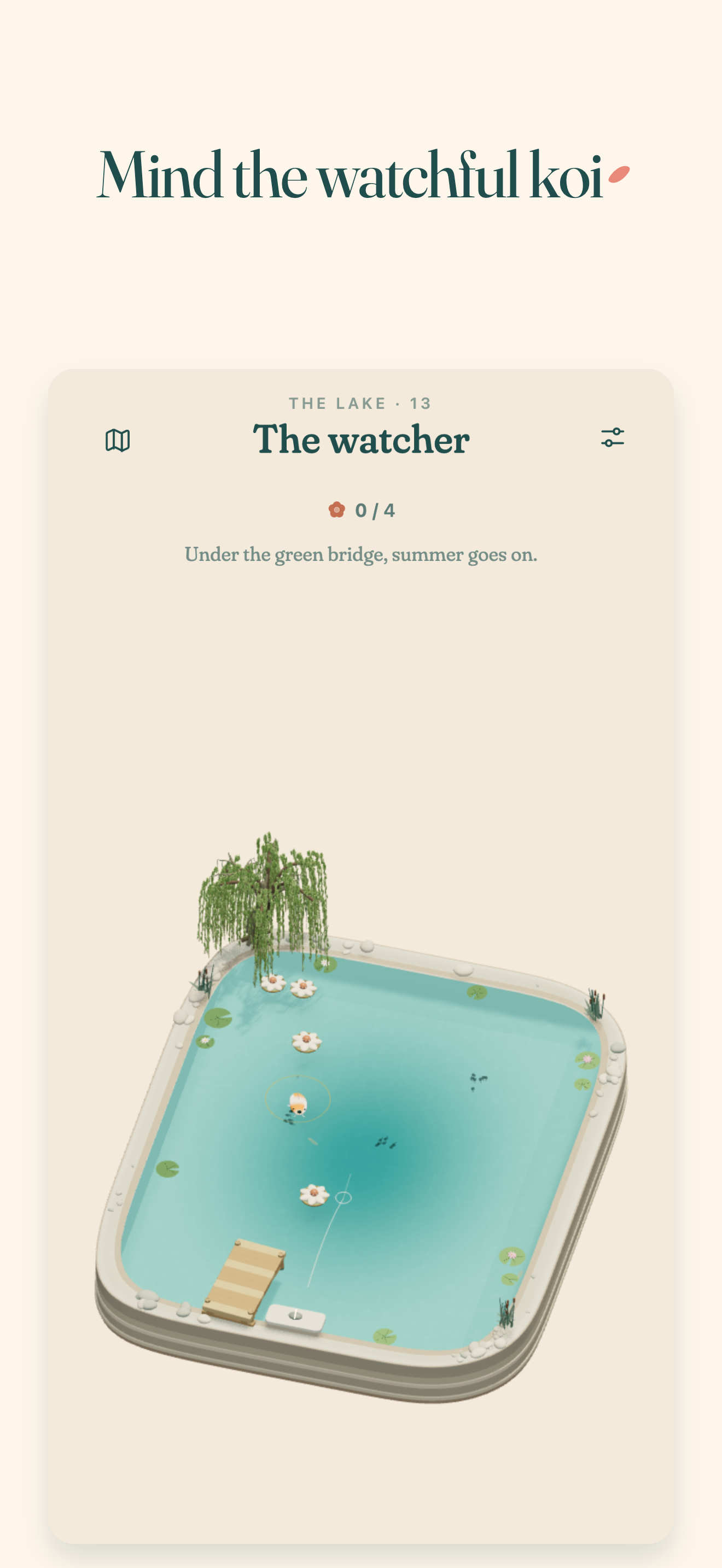 A lake level with a fish in Where Pebbles Bloom